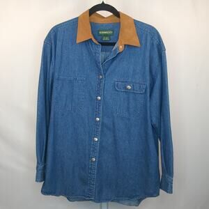 VTG Bushwacker Men's Size Large Denim Shirt Elbow Patch Western Cowboy Suede Dad
